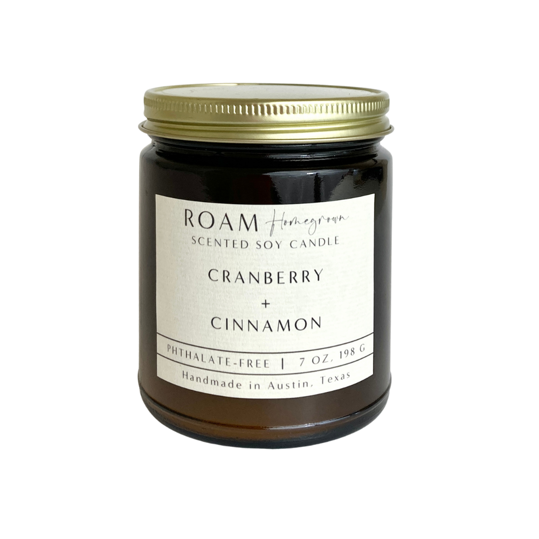 ROAM Homegrown - Cranberry + Cinnamon Soy Candle, 7 oz Amber Glass Jar Candle